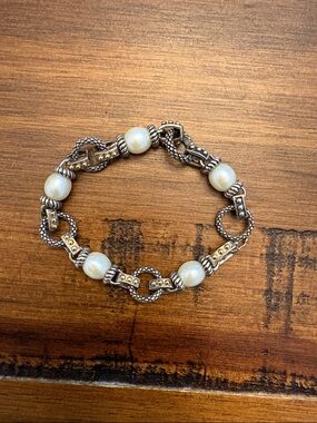 Pearl and Mixed Metal Link Bracelet - Ivory Pearls with Silver & Gold Tones